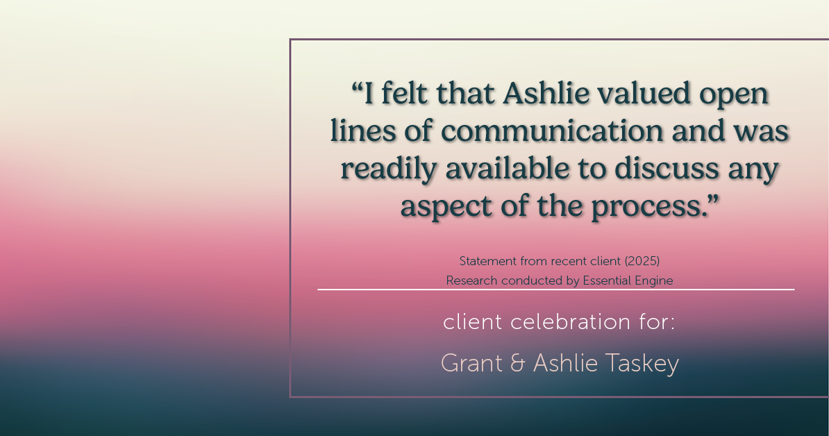Testimonial for real estate agent Grant & Ashlie Taskey with Keystone Property Group in Kokomo, IN: "I felt that Ashlie valued open lines of communication and was readily available to discuss any aspect of the process."