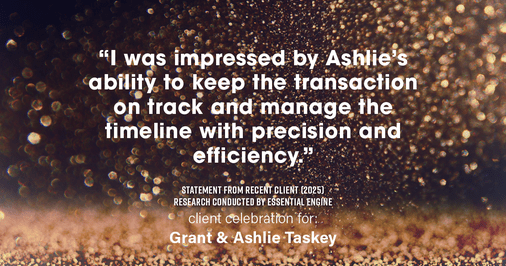 Testimonial for real estate agent Grant & Ashlie Taskey with Keystone Property Group in Kokomo, IN: "I was impressed by Ashlie's ability to keep the transaction on track and manage the timeline with precision and efficiency."