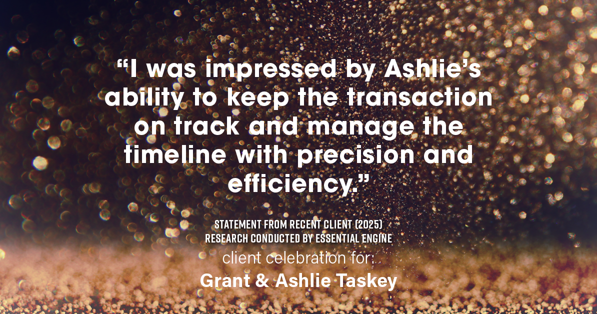 Testimonial for real estate agent Grant & Ashlie Taskey with Keystone Property Group in Kokomo, IN: "I was impressed by Ashlie's ability to keep the transaction on track and manage the timeline with precision and efficiency."