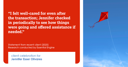 Testimonial for real estate agent Jennifer and Armando Olivares - Jonathan Esser with Camelot West Realty in Tustin, CA: "I felt well-cared for even after the transaction; Jennifer checked in periodically to see how things were going and offered assistance if needed."