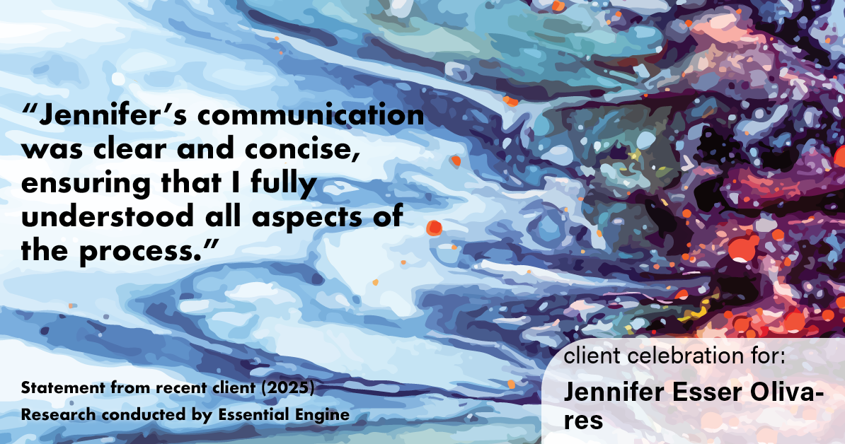 Testimonial for real estate agent Jennifer and Armando Olivares - Jonathan Esser with Camelot West Realty in Tustin, CA: "Jennifer's communication was clear and concise, ensuring that I fully understood all aspects of the process."