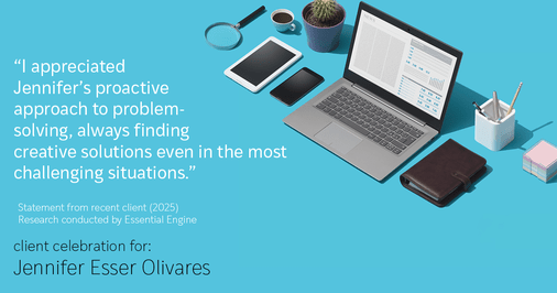 Testimonial for real estate agent Jennifer and Armando Olivares - Jonathan Esser with Camelot West Realty in Tustin, CA: "I appreciated Jennifer's proactive approach to problem-solving, always finding creative solutions even in the most challenging situations."