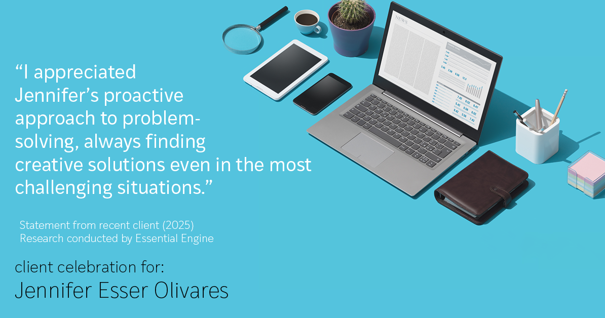 Testimonial for real estate agent Jennifer and Armando Olivares - Jonathan Esser with Camelot West Realty in Tustin, CA: "I appreciated Jennifer's proactive approach to problem-solving, always finding creative solutions even in the most challenging situations."
