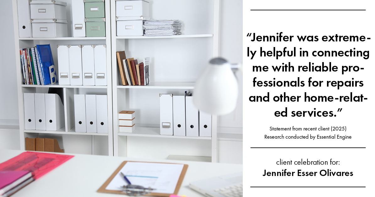 Testimonial for real estate agent Jennifer and Armando Olivares - Jonathan Esser with Camelot West Realty in Tustin, CA: "Jennifer was extremely helpful in connecting me with reliable professionals for repairs and other home-related services."