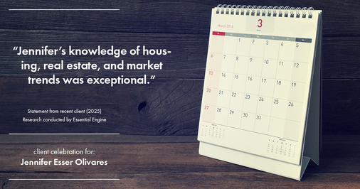 Testimonial for real estate agent Jennifer and Armando Olivares - Jonathan Esser with Camelot West Realty in Tustin, CA: "Jennifer's knowledge of housing, real estate, and market trends was exceptional."