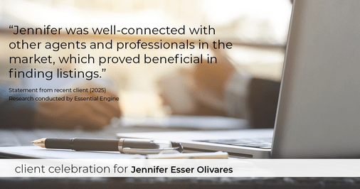 Testimonial for real estate agent Jennifer and Armando Olivares - Jonathan Esser with Camelot West Realty in Tustin, CA: "Jennifer was well-connected with other agents and professionals in the market, which proved beneficial in finding listings."