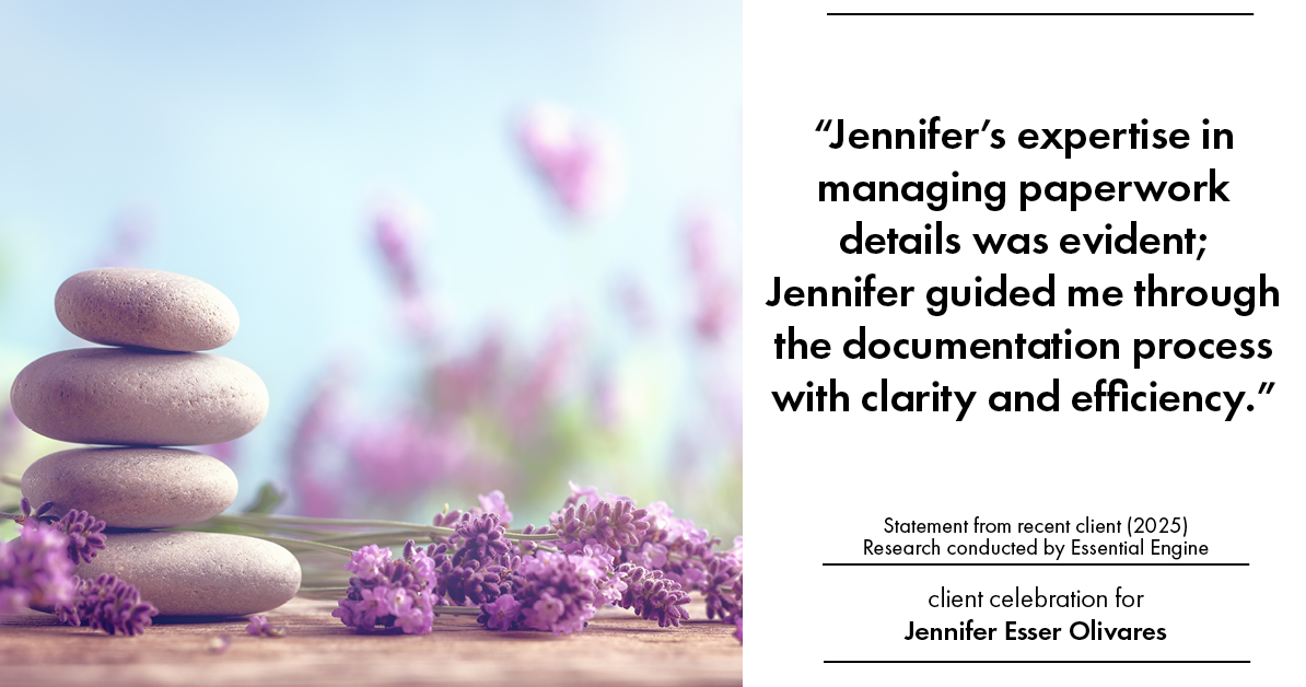 Testimonial for real estate agent Jennifer and Armando Olivares - Jonathan Esser with Camelot West Realty in Tustin, CA: "Jennifer's expertise in managing paperwork details was evident; Jennifer guided me through the documentation process with clarity and efficiency."
