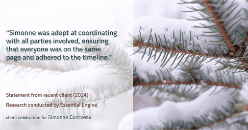 Testimonial for real estate agent Simonne Corriveau with Keller Williams Legacy Partners in West Hartford, CT: "Simonne was adept at coordinating with all parties involved, ensuring that everyone was on the same page and adhered to the timeline."