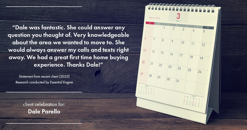 Testimonial for real estate agent Dale Parello with BHHS Fox & Roach, Realtors in Robbinsville, New Jersey: "Dale was fantastic. She could answer any question you thought of. Very knowledgeable about the area we wanted to move to. She would always answer my calls and texts right away. We had a great first time home buying experience. Thanks Dale!