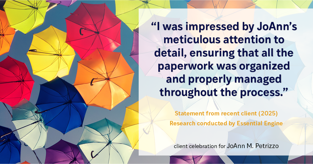 Testimonial for real estate agent JoAnn M. Petrizzo with ADK Realty & Consulting Services in Toms River, NJ: "I was impressed by JoAnn's meticulous attention to detail, ensuring that all the paperwork was organized and properly managed throughout the process."