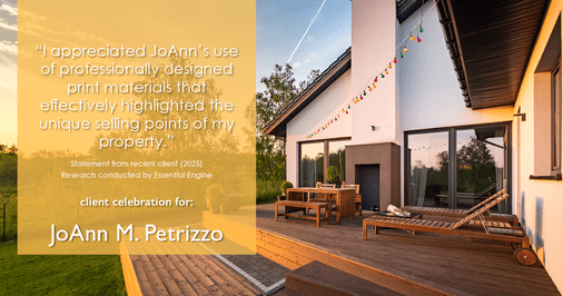 Testimonial for real estate agent JoAnn M. Petrizzo with ADK Realty & Consulting Services in Toms River, NJ: "I appreciated JoAnn's use of professionally designed print materials that effectively highlighted the unique selling points of my property."