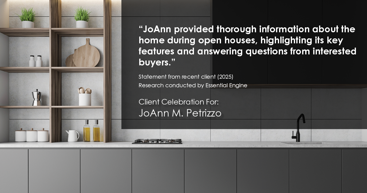 Testimonial for real estate agent JoAnn M. Petrizzo with ADK Realty & Consulting Services in Toms River, NJ: "JoAnn provided thorough information about the home during open houses, highlighting its key features and answering questions from interested buyers."