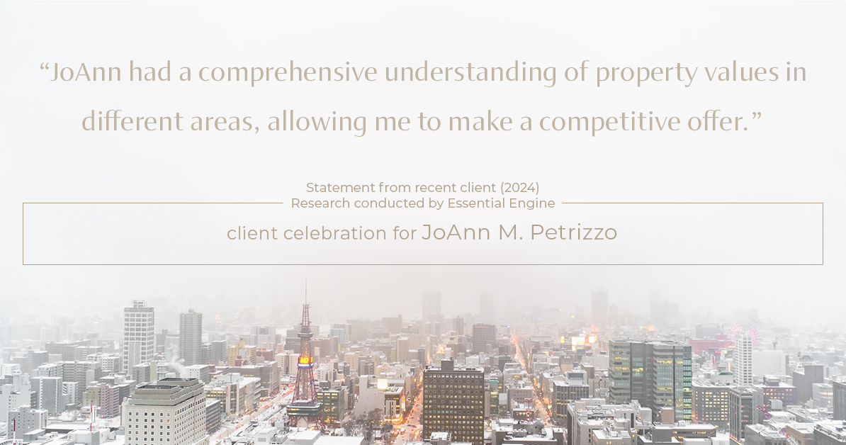Testimonial for real estate agent JoAnn M. Petrizzo with ADK Realty & Consulting Services in Toms River, NJ: "JoAnn had a comprehensive understanding of property values in different areas, allowing me to make a competitive offer."