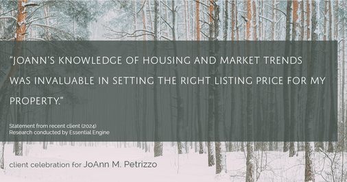 Testimonial for real estate agent JoAnn M. Petrizzo with ADK Realty & Consulting Services in Toms River, NJ: "JoAnn's knowledge of housing and market trends was invaluable in setting the right listing price for my property."