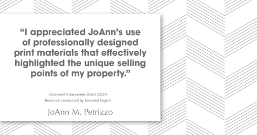 Testimonial for real estate agent JoAnn M. Petrizzo with ADK Realty & Consulting Services in Toms River, NJ: "I appreciated JoAnn's use of professionally designed print materials that effectively highlighted the unique selling points of my property."