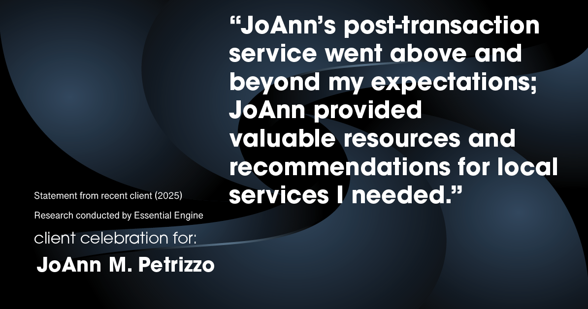 Testimonial for real estate agent JoAnn M. Petrizzo with ADK Realty & Consulting Services in Toms River, NJ: "JoAnn's post-transaction service went above and beyond my expectations; JoAnn provided valuable resources and recommendations for local services I needed."