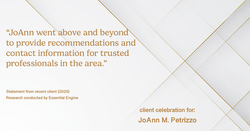 Testimonial for real estate agent JoAnn M. Petrizzo with ADK Realty & Consulting Services in Toms River, NJ: "JoAnn went above and beyond to provide recommendations and contact information for trusted professionals in the area."