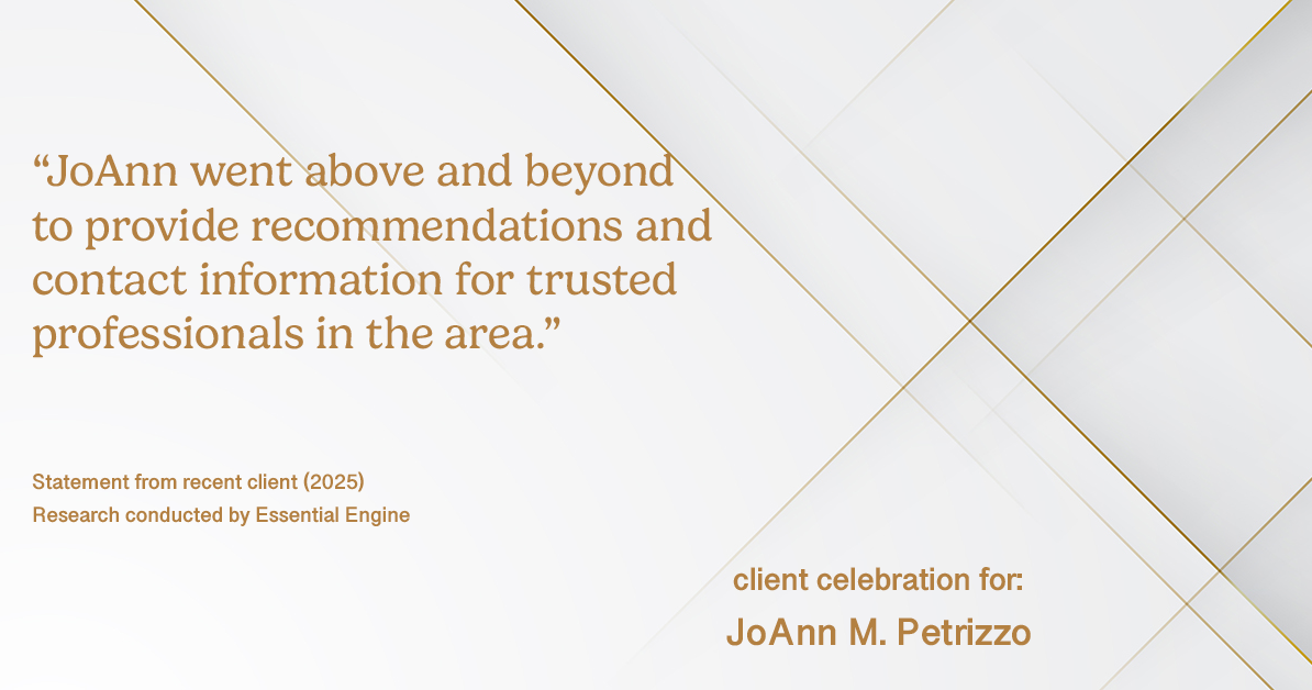 Testimonial for real estate agent JoAnn M. Petrizzo with ADK Realty & Consulting Services in Toms River, NJ: "JoAnn went above and beyond to provide recommendations and contact information for trusted professionals in the area."