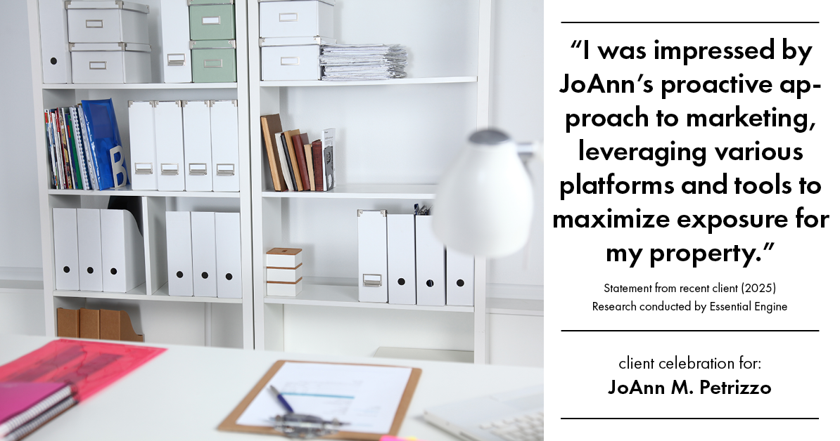 Testimonial for real estate agent JoAnn M. Petrizzo with ADK Realty & Consulting Services in Toms River, NJ: "I was impressed by JoAnn's proactive approach to marketing, leveraging various platforms and tools to maximize exposure for my property."