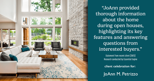 Testimonial for real estate agent JoAnn M. Petrizzo with ADK Realty & Consulting Services in Toms River, NJ: "JoAnn provided thorough information about the home during open houses, highlighting its key features and answering questions from interested buyers."