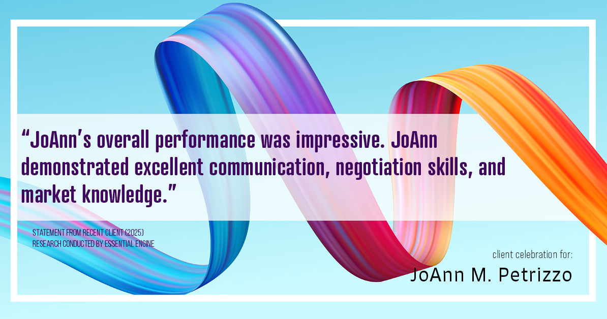 Testimonial for real estate agent JoAnn M. Petrizzo with ADK Realty & Consulting Services in Toms River, NJ: "JoAnn's overall performance was impressive. JoAnn demonstrated excellent communication, negotiation skills, and market knowledge."