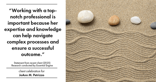 Testimonial for real estate agent JoAnn M. Petrizzo with ADK Realty & Consulting Services in Toms River, NJ: "Working with a top-notch professional is important because her expertise and knowledge can help navigate complex processes and ensure a successful outcome."