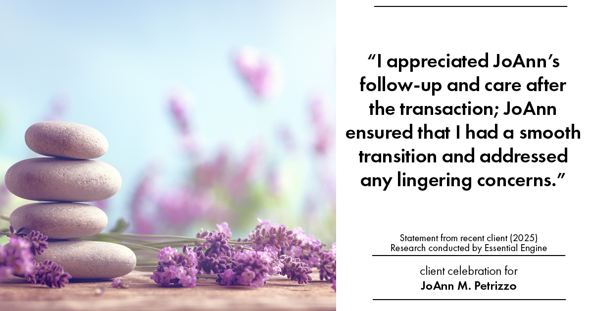 Testimonial for real estate agent JoAnn M. Petrizzo with ADK Realty & Consulting Services in Toms River, NJ: "I appreciated JoAnn's follow-up and care after the transaction; JoAnn ensured that I had a smooth transition and addressed any lingering concerns."