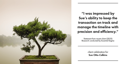 Testimonial for real estate agent Sue Otto-Calkins in Rancho Santa Fe, CA: "I was impressed by Sue's ability to keep the transaction on track and manage the timeline with precision and efficiency."