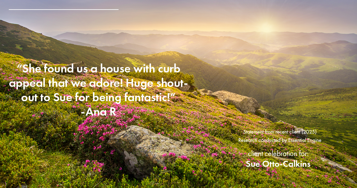 Testimonial for real estate agent Sue Otto-Calkins in Rancho Santa Fe, CA: "She found us a house with curb appeal that we adore! Huge shoutout to Sue for being fantastic!"