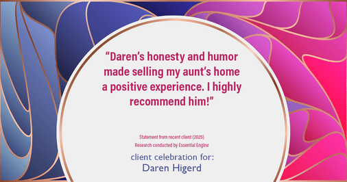 Testimonial for real estate agent Daren Higerd with Weichert, Realtors Welch and Company in KANSAS CITY, MO: "Daren's honesty and humor made selling my aunt's home a positive experience. I highly recommend him!"