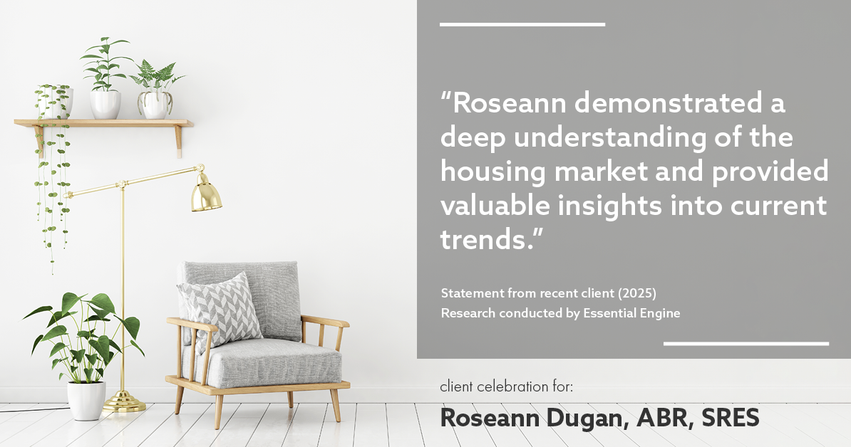 Testimonial for real estate agent Roseann Dugan, ABR, SRES with HOMESMART Professionals in Warren, RI: "Roseann demonstrated a deep understanding of the housing market and provided valuable insights into current trends."
