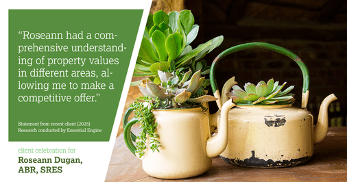 Testimonial for real estate agent Roseann Dugan, ABR, SRES with HOMESMART Professionals in Warren, RI: "Roseann had a comprehensive understanding of property values in different areas, allowing me to make a competitive offer."