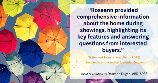 Testimonial for real estate agent Roseann Dugan, ABR, SRES with HOMESMART Professionals in Warren, RI: "Roseann provided comprehensive information about the home during showings, highlighting its key features and answering questions from interested buyers."