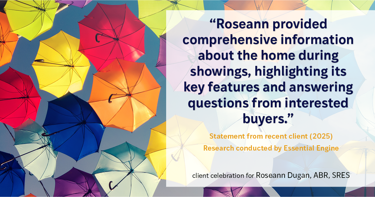 Testimonial for real estate agent Roseann Dugan, ABR, SRES with HOMESMART Professionals in Warren, RI: "Roseann provided comprehensive information about the home during showings, highlighting its key features and answering questions from interested buyers."