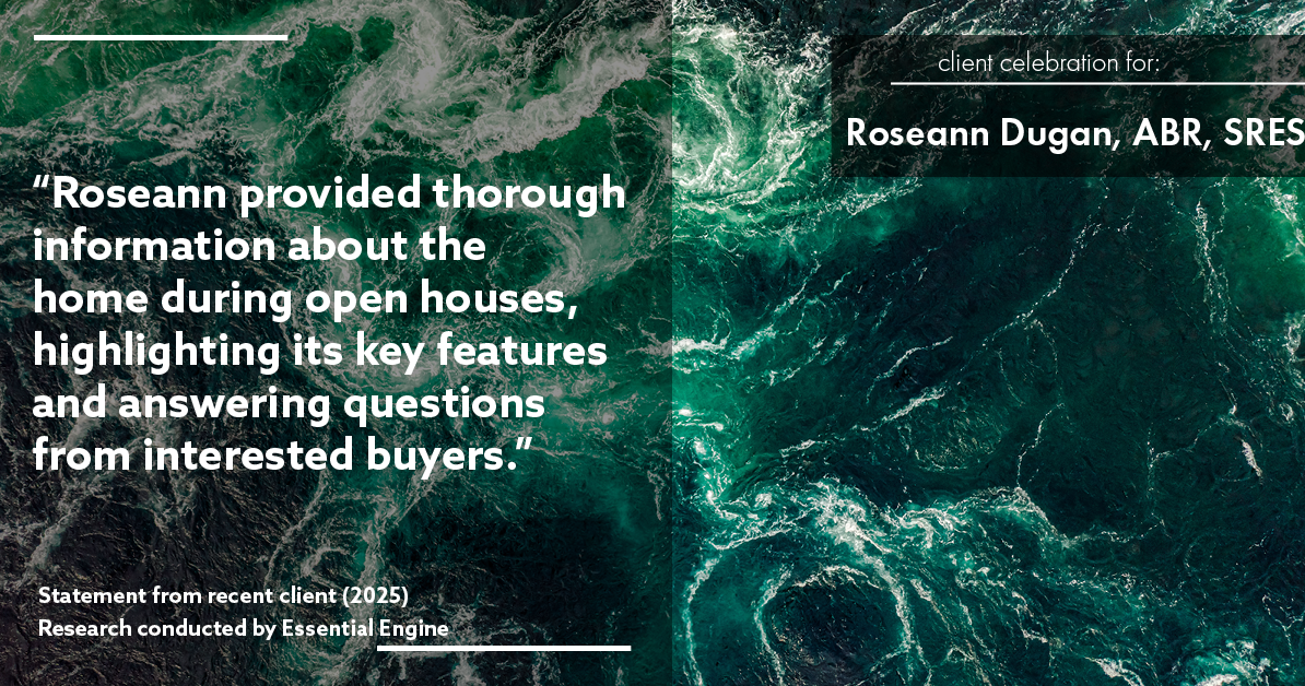 Testimonial for real estate agent Roseann Dugan, ABR, SRES with HOMESMART Professionals in Warren, RI: "Roseann provided thorough information about the home during open houses, highlighting its key features and answering questions from interested buyers."