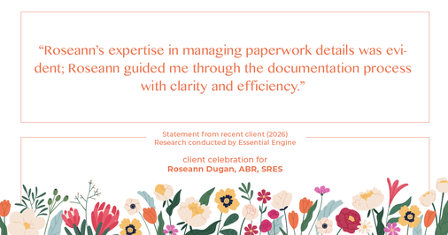 Testimonial for real estate agent Roseann Dugan, ABR, SRES with HOMESMART Professionals in Warren, RI: "Roseann's expertise in managing paperwork details was evident; Roseann guided me through the documentation process with clarity and efficiency."