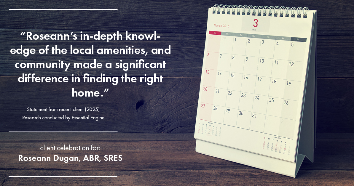 Testimonial for real estate agent Roseann Dugan, ABR, SRES with HOMESMART Professionals in Warren, RI: "Roseann's in-depth knowledge of the local amenities, and community made a significant difference in finding the right home."
