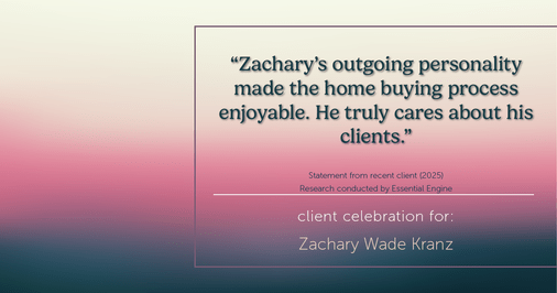 Testimonial for real estate agent Zachary Wade Kranz with Milwaukee Executive Realty, LLC in Grafton, WI: "Zachary's outgoing personality made the home buying process enjoyable. He truly cares about his clients."