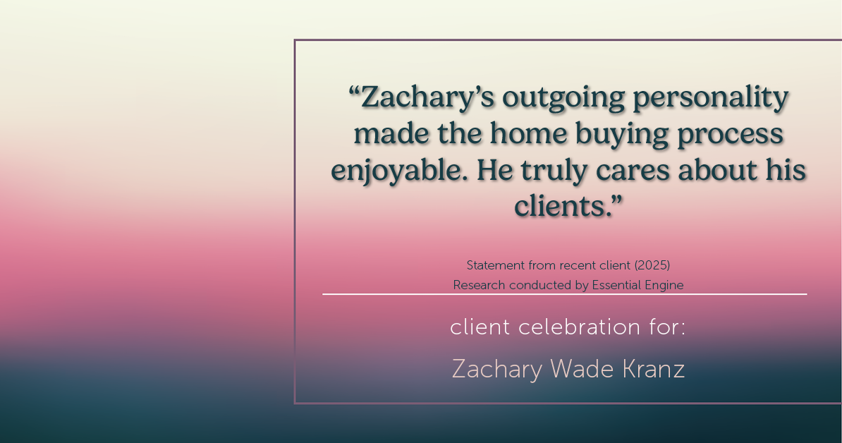 Testimonial for real estate agent Zachary Wade Kranz with Milwaukee Executive Realty, LLC in Grafton, WI: "Zachary's outgoing personality made the home buying process enjoyable. He truly cares about his clients."