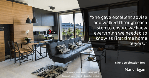 Testimonial for real estate agent Nanci Egan with John L. Scott Real Estate in Beaverton, OR: "She gave excellent advise and walked through each step to ensure we knew everything we needed to know as first time home buyers."