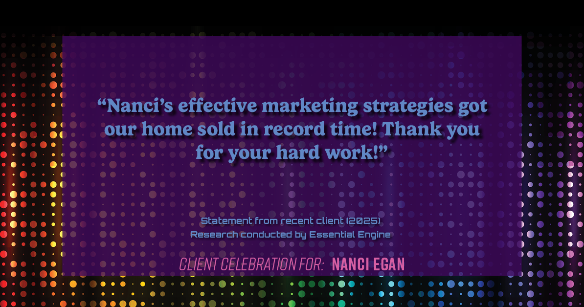 Testimonial for real estate agent Nanci Egan with John L. Scott Real Estate in Beaverton, OR: "Nanci's effective marketing strategies got our home sold in record time! Thank you for your hard work!"