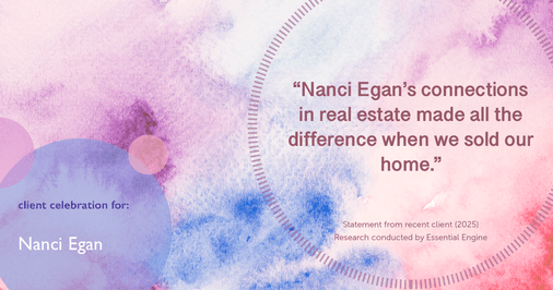 Testimonial for real estate agent Nanci Egan with John L. Scott Real Estate in Beaverton, OR: "Nanci Egan's connections in real estate made all the difference when we sold our home."
