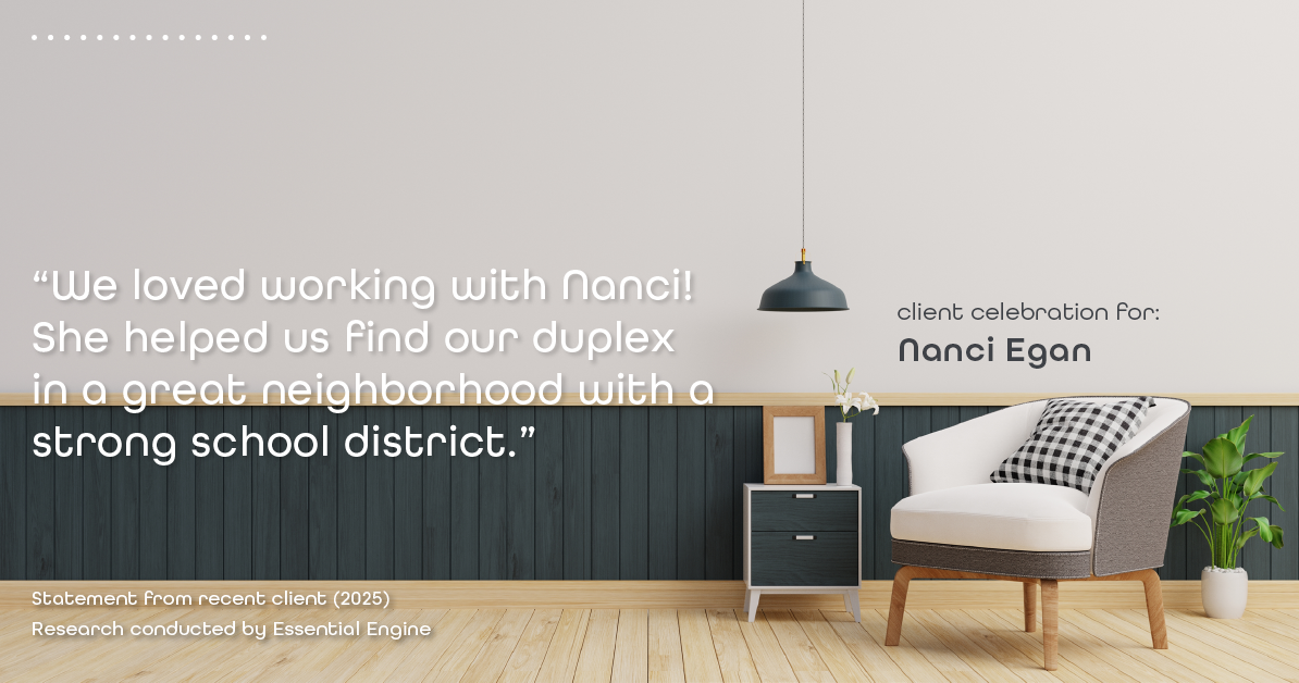 Testimonial for real estate agent Nanci Egan with John L. Scott Real Estate in Beaverton, OR: "We loved working with Nanci! She helped us find our duplex in a great neighborhood with a strong school district."