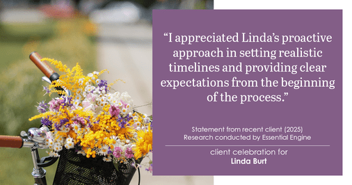Testimonial for real estate agent Linda Burt with Top Hat Realty Group, LLC in North Richland Hills, TX: "I appreciated Linda's proactive approach in setting realistic timelines and providing clear expectations from the beginning of the process."