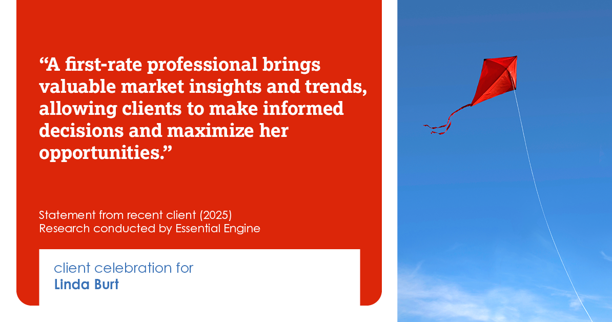Testimonial for real estate agent Linda Burt with Top Hat Realty Group, LLC in North Richland Hills, TX: "A first-rate professional brings valuable market insights and trends, allowing clients to make informed decisions and maximize her opportunities."