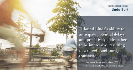 Testimonial for real estate agent Linda Burt with Top Hat Realty Group, LLC in North Richland Hills, TX: "I found Linda's ability to anticipate potential delays and proactively address her to be impressive, resulting in a smooth and timely transaction."