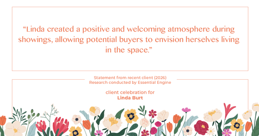 Testimonial for real estate agent Linda Burt with Top Hat Realty Group, LLC in North Richland Hills, TX: "Linda created a positive and welcoming atmosphere during showings, allowing potential buyers to envision herselves living in the space."