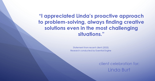 Testimonial for real estate agent Linda Burt with Top Hat Realty Group, LLC in North Richland Hills, TX: "I appreciated Linda's proactive approach to problem-solving, always finding creative solutions even in the most challenging situations."