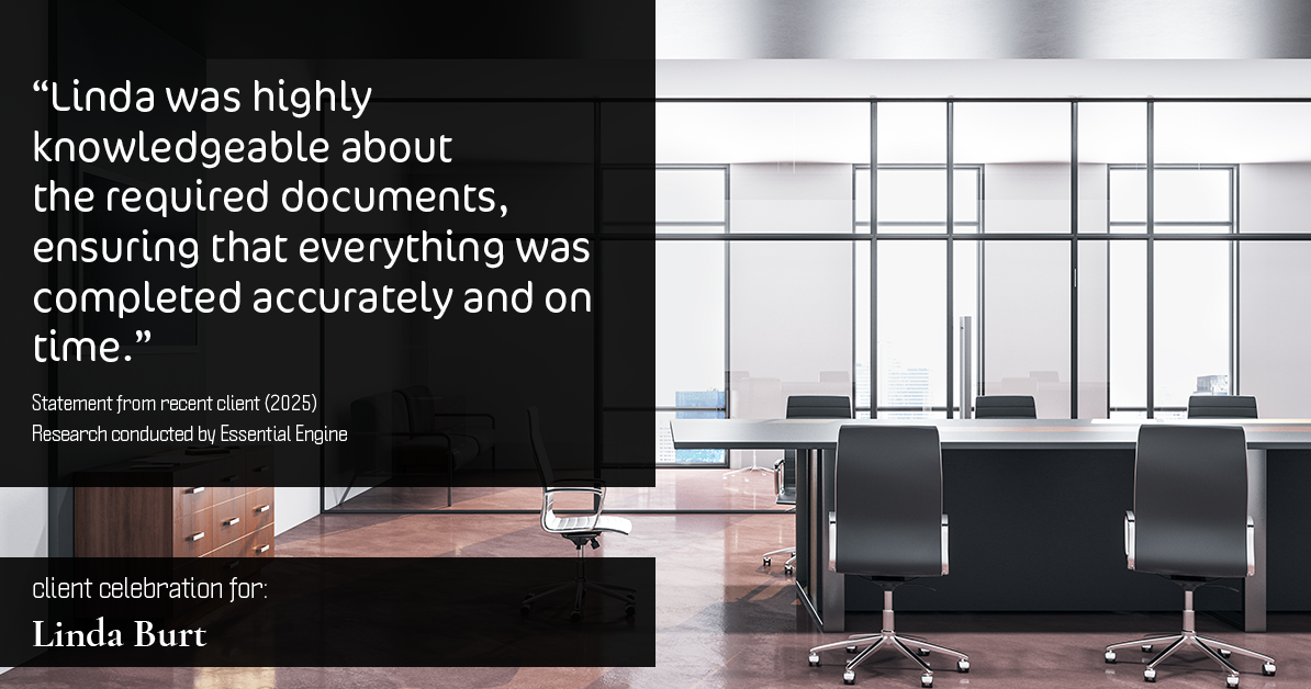 Testimonial for real estate agent Linda Burt with Top Hat Realty Group, LLC in North Richland Hills, TX: "Linda was highly knowledgeable about the required documents, ensuring that everything was completed accurately and on time."