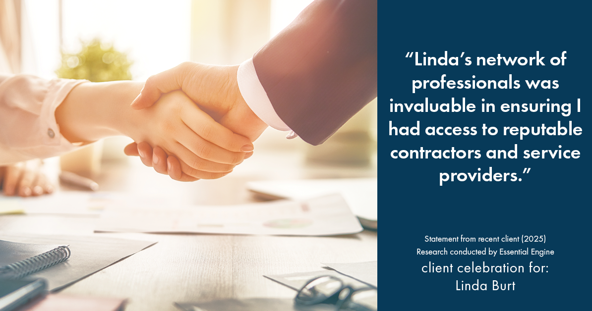 Testimonial for real estate agent Linda Burt with Top Hat Realty Group, LLC in North Richland Hills, TX: "Linda's network of professionals was invaluable in ensuring I had access to reputable contractors and service providers."